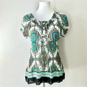 NY Collection Floral Short Sleeve gathered Stretchy Neck Top Size Medium Petite